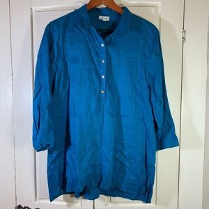 J.Jill Love Linen Top Teal Blue Collared Button Down 3/4 Sleeve Womens L Coastal